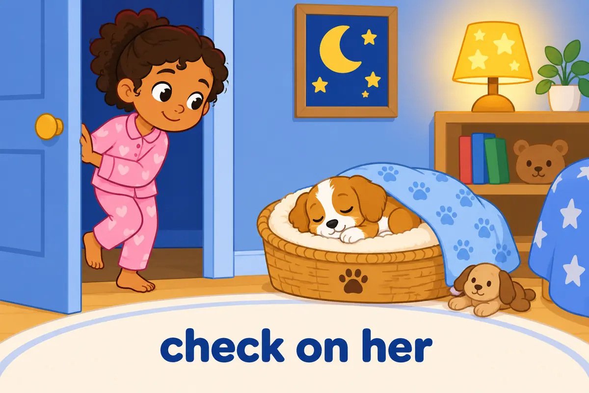 A cartoon child peeks through a doorway to watch a sleeping pet, showing check on in a sentence with the object after the whole phrase.