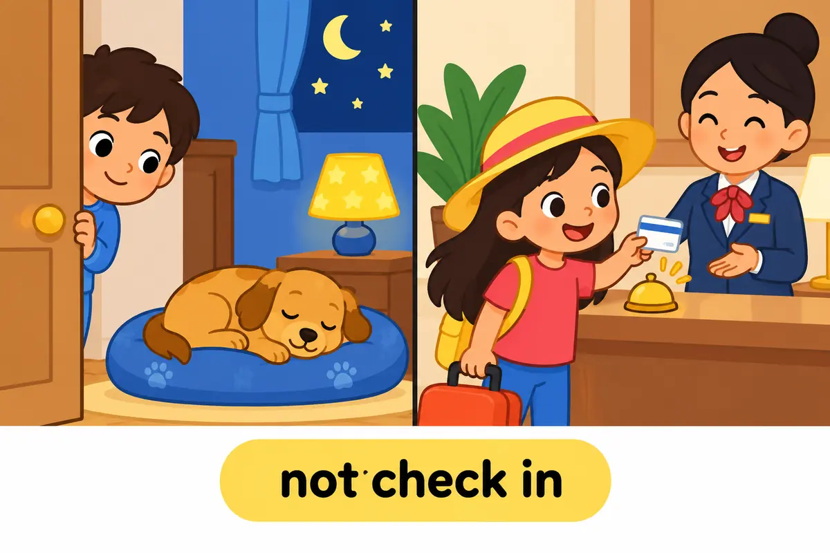 A cartoon split scene contrasts a child peeking at a sleeping pet with a traveller ringing a bell at a hotel desk.