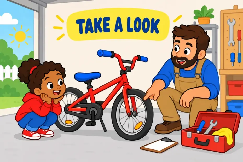 A cartoon child and an adult examine a shiny bicycle together, showing check out in a sentence as looking closely at something.