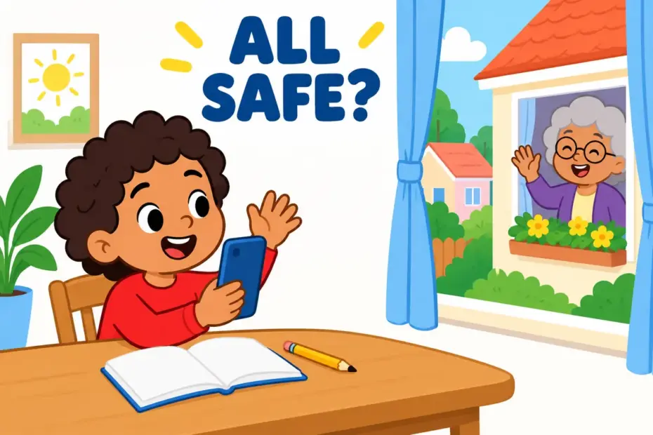 Cartoon child phones an older relative who waves from a window, showing check up on in a sentence as a caring follow-up.