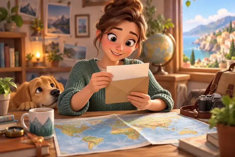 A person checking an envelope beside a map.