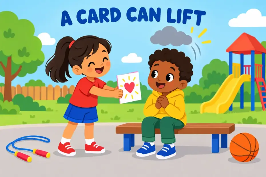A cartoon child hands a cheerful card to a downcast friend, showing cheer up in a sentence as lifting a low mood.