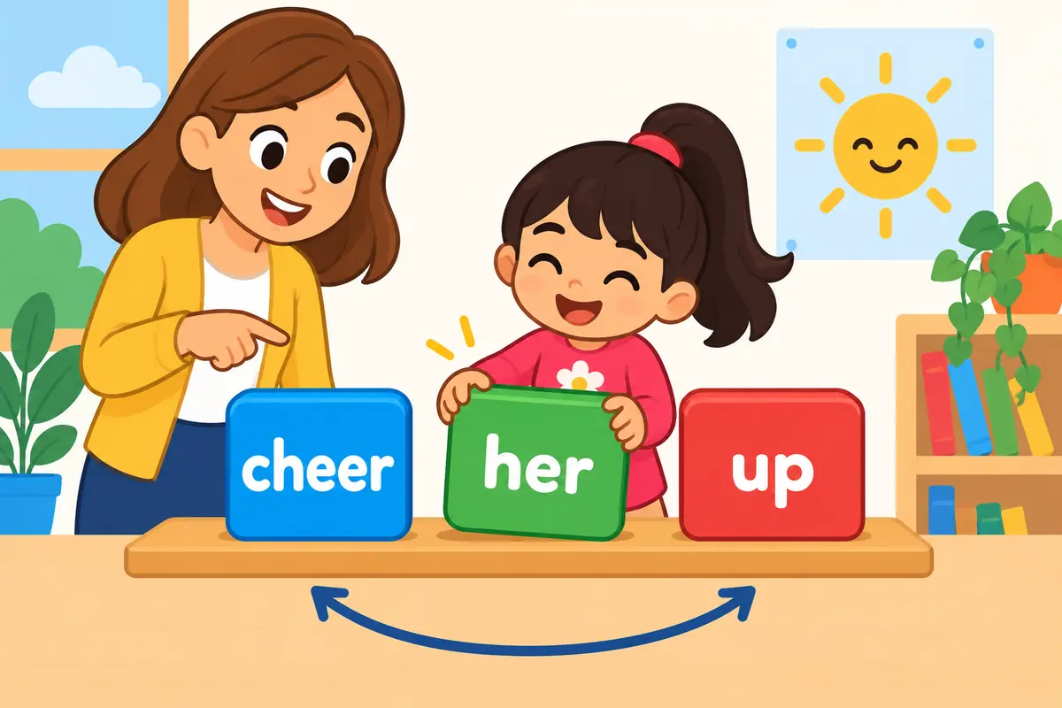 A cartoon board shows the words cheer, her and up placed in order with arrows, teaching how a pronoun object sits inside the phrasal verb.