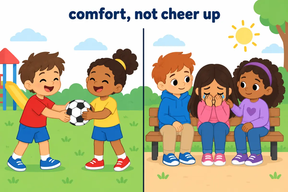 A cartoon split scene compares a light, cheerful nudge for a lost game with two children quietly comforting a sad friend.