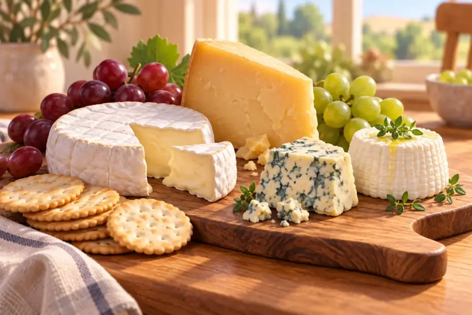 A tasting board displays cheeses with varied rinds, colors, and textures beside fruit and crackers.
