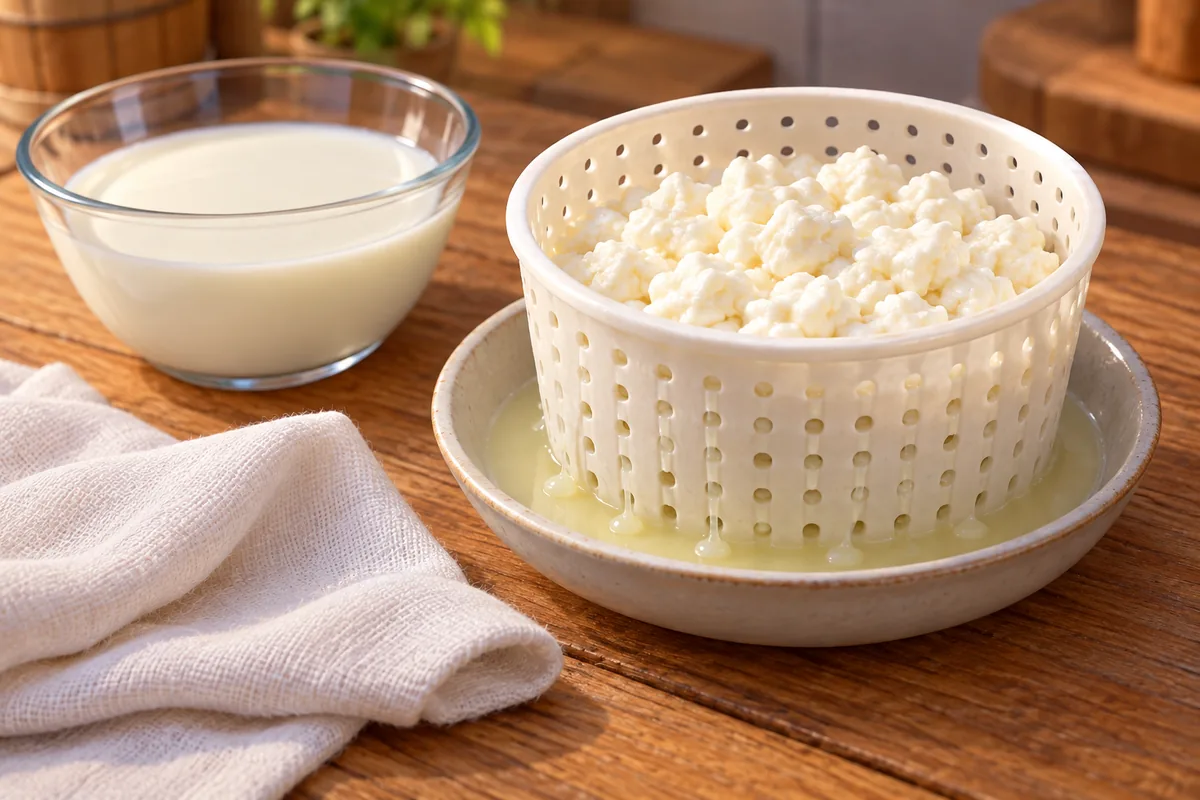 Fresh curds drain in a perforated mold beside a small bowl of milk, illustrating one stage of cheesemaking.
