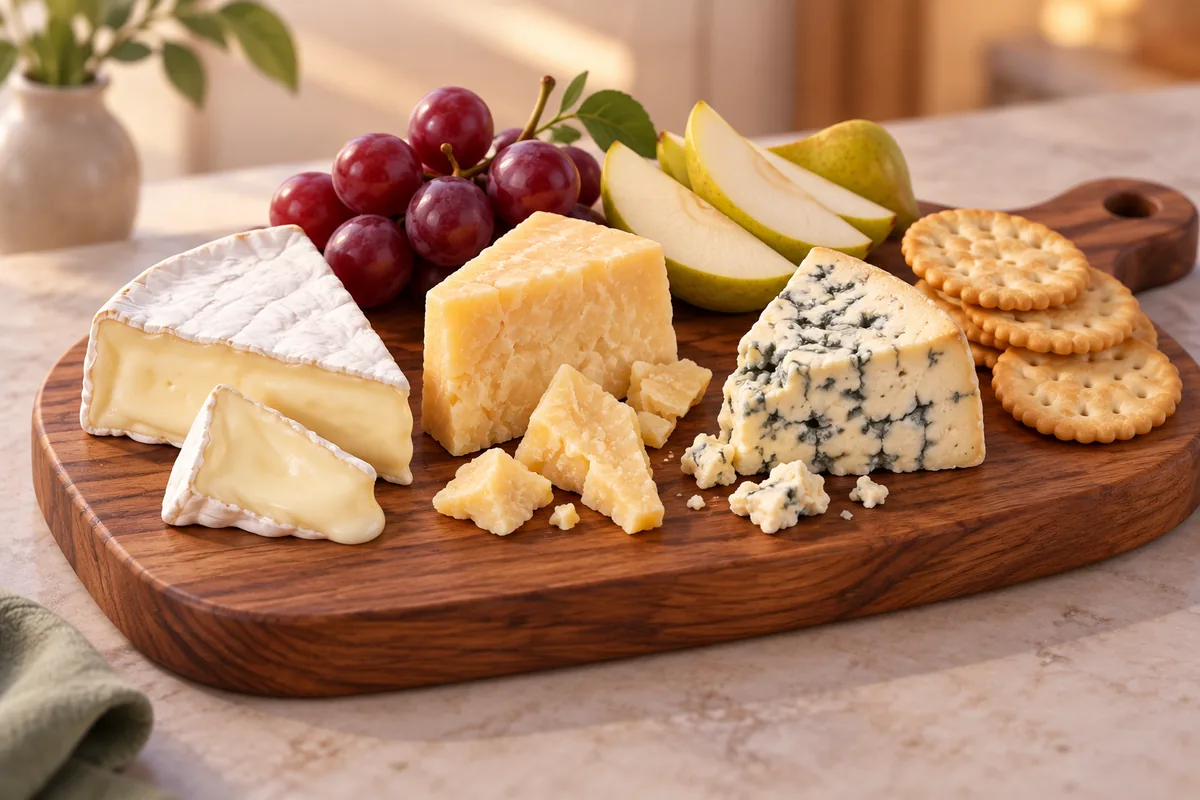 A cheeseboard pairs soft, firm, and blue-veined cheeses with simple serving accompaniments.
