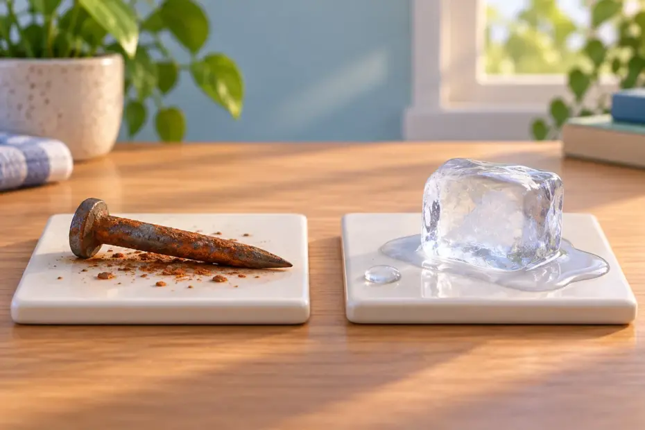A classroom demonstration contrasts a rusty iron nail and a melting ice cube to show chemical and physical changes.