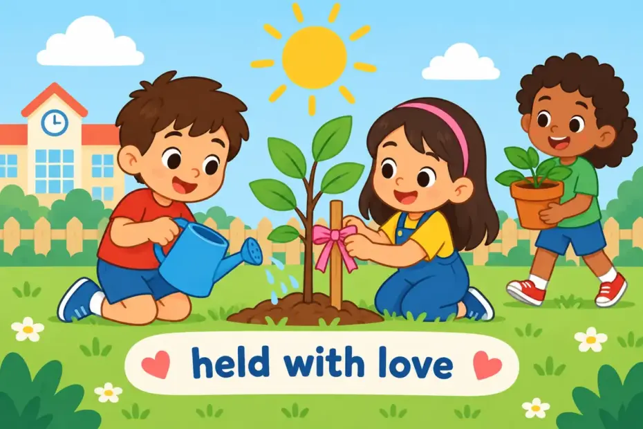 Cartoon children water a small tree together, showing cherish in a sentence as steady, protective care.