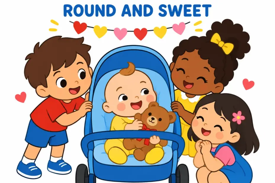 Cartoon friends gather round a smiling baby with round cheeks, illustrating cherubic in a sentence as a sweet face.