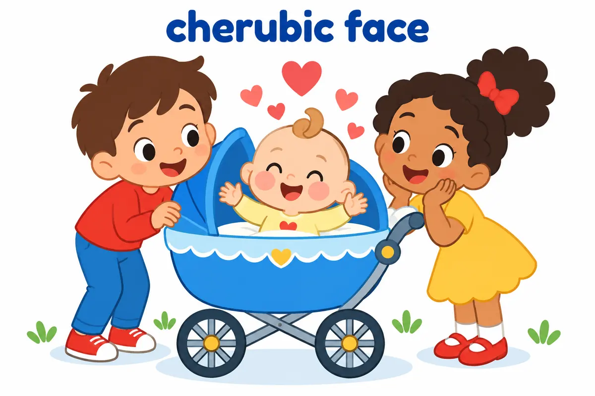 A cartoon baby smiles widely with round cheeks, showing cherubic paired with the noun face.