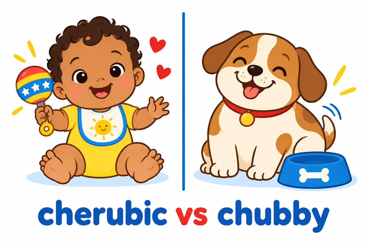 A split cartoon contrasts a cherubic smiling baby with a round puppy, showing cherubic is not simply chubby.