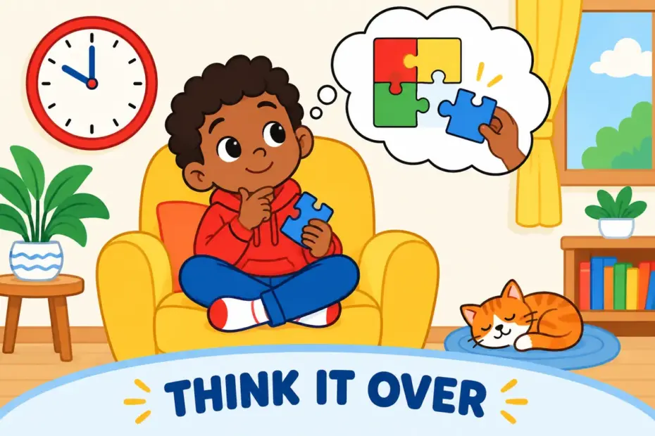 A cartoon child sits with a thought bubble holding a puzzle piece, showing chew on in a sentence as slow thinking.