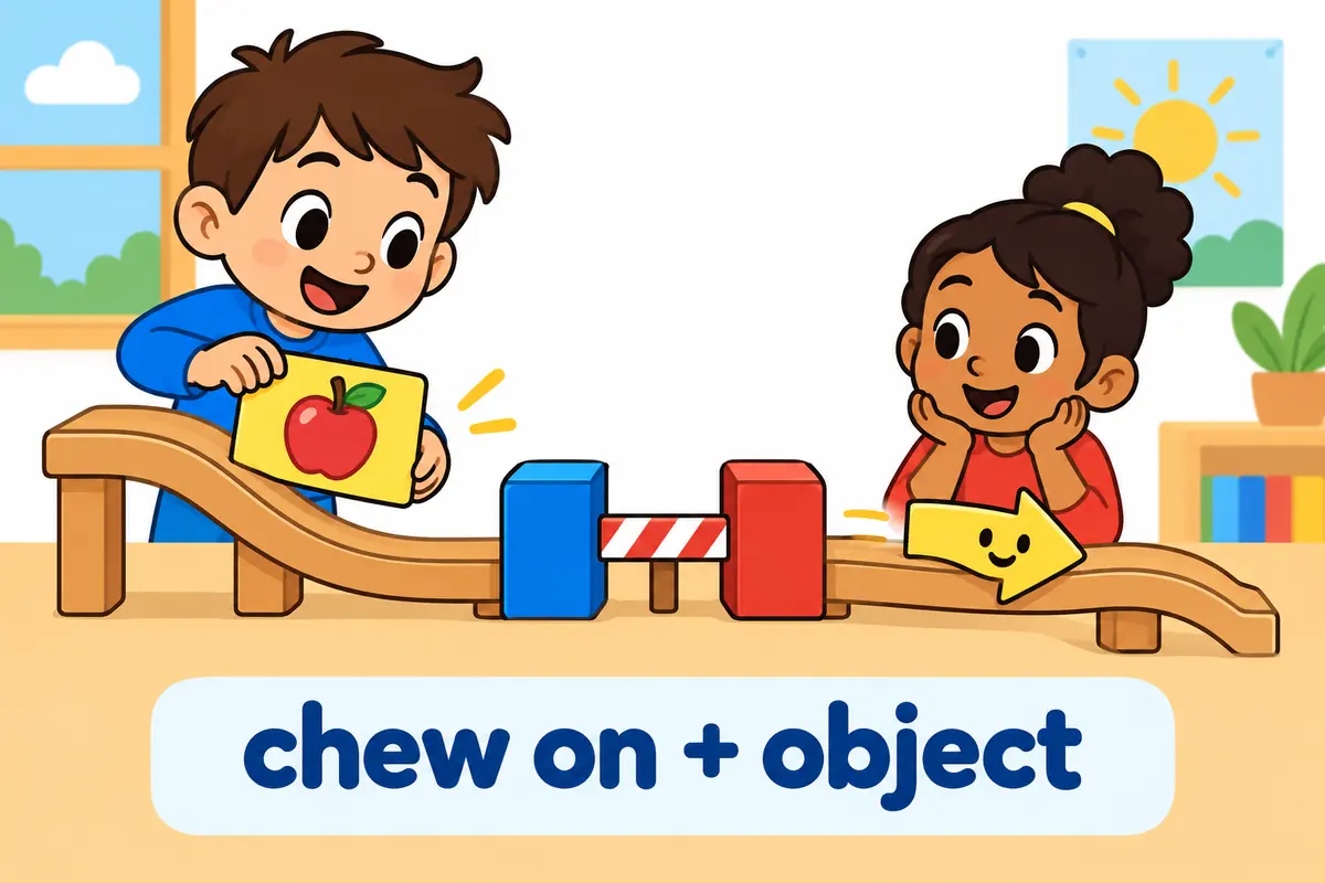 A cheerful cartoon child holds a card while an arrow shows the object staying after the word on, with no gap allowed.