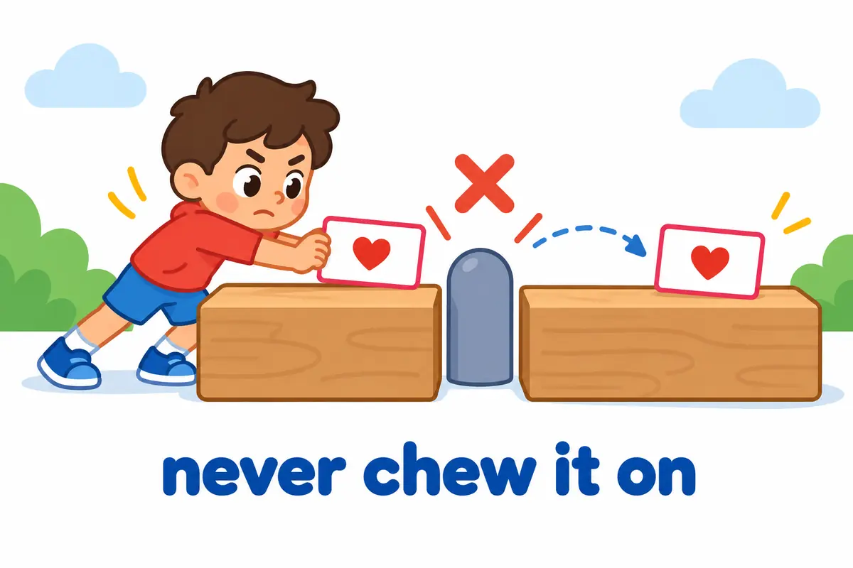 A cartoon child tries to slide a card between two wooden words but a small barrier keeps the card after the word on.