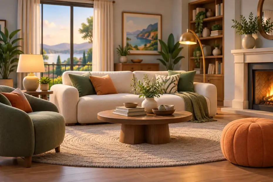 An elegantly arranged living room contains coordinated furniture and lamps.