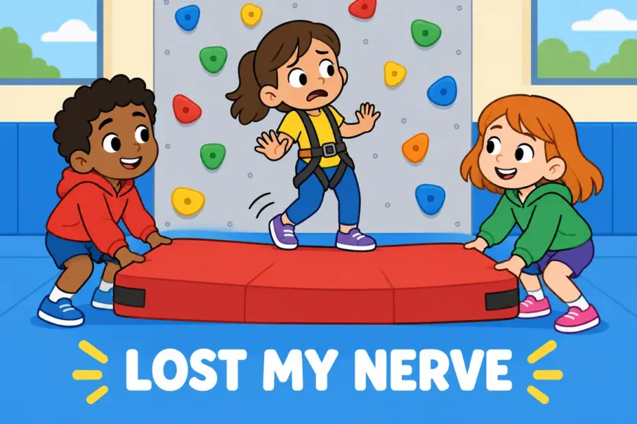 Cartoon children watch a friend step back from a climbing wall, showing chicken out in a sentence as lost nerve.