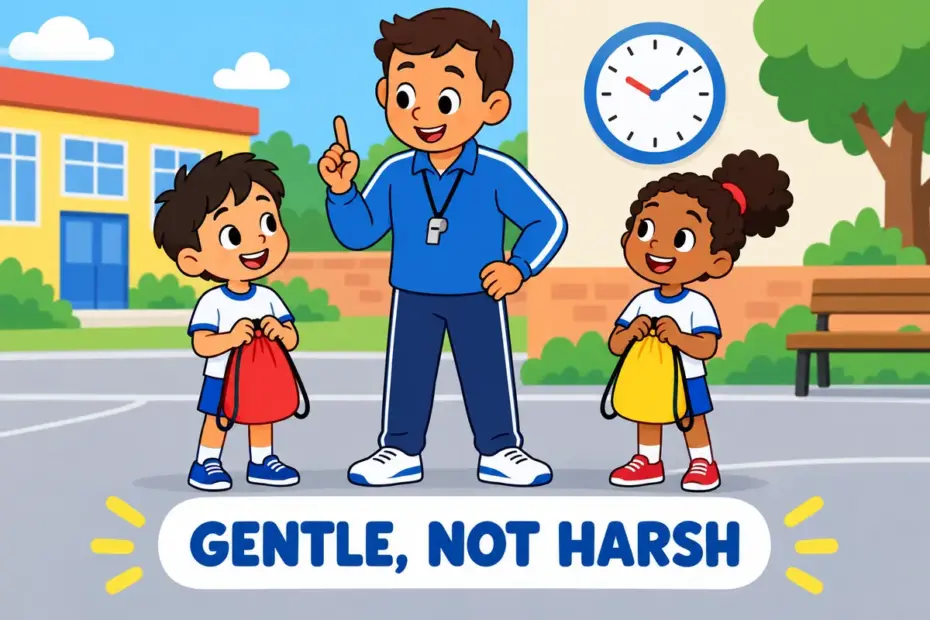 Cartoon pupils watch a coach gently correcting two late players, showing chide in a sentence as a mild scolding.