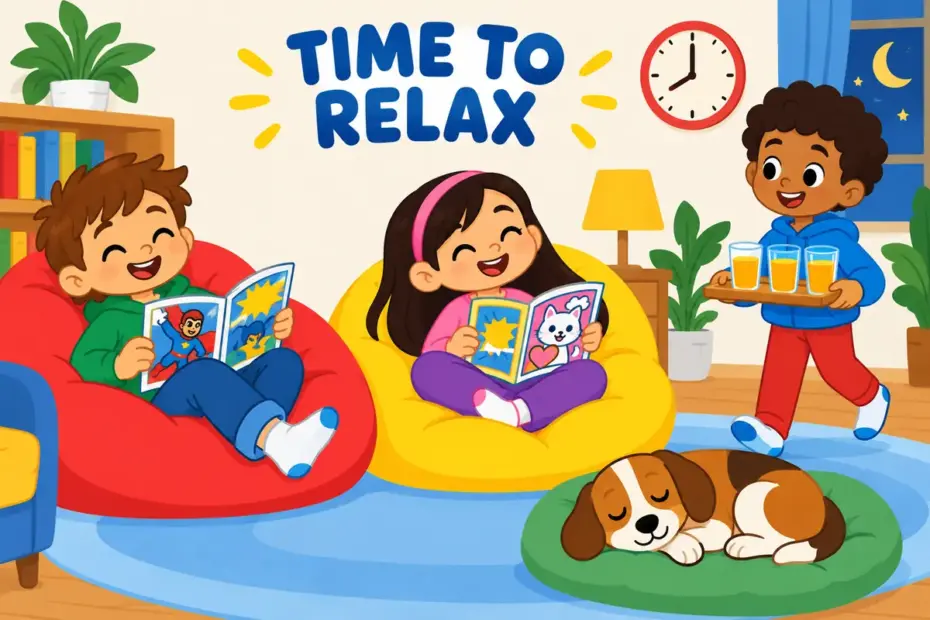 Cartoon children lounge on beanbags with comics, showing chill out in a sentence as relaxing after a busy day.