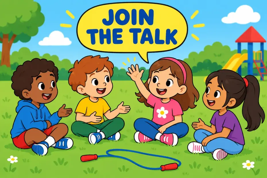 Cartoon children chat in a circle as one raises a hand to chime in with an idea.