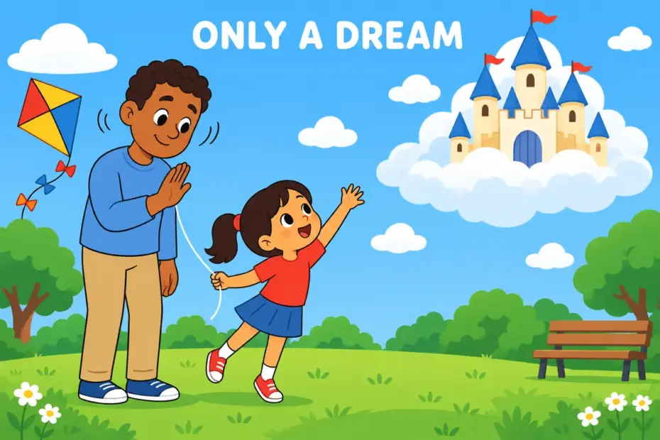 A cartoon child reaches for a floating castle in the clouds, showing chimerical in a sentence as an impossible, fanciful hope.