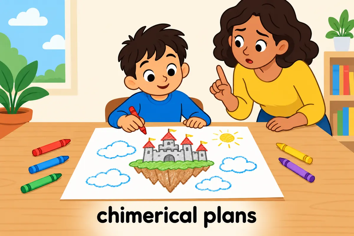 A cartoon child draws a floating castle above the clouds while an adult shakes his head, teaching the chimerical plan pattern.
