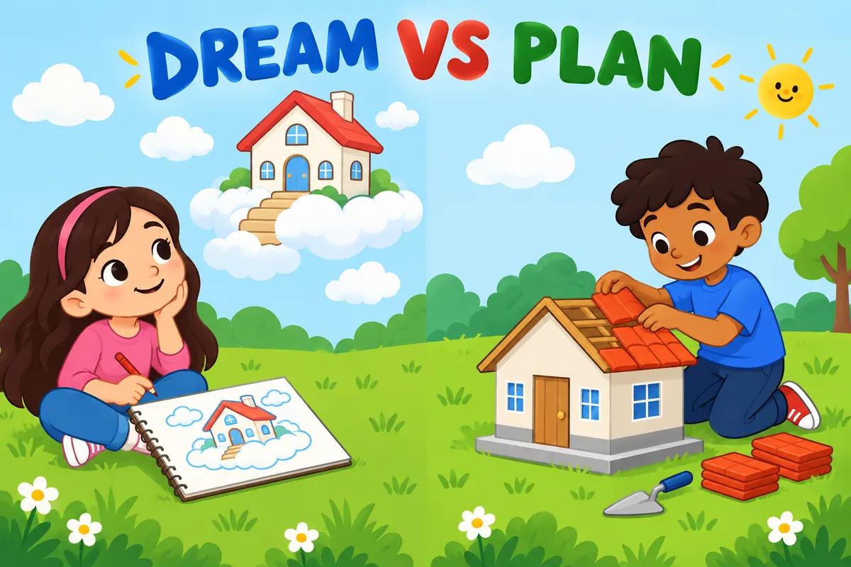 A cartoon scene contrasts a dreamer drawing a floating house with a planner building on solid ground, showing chimerical and visionary.