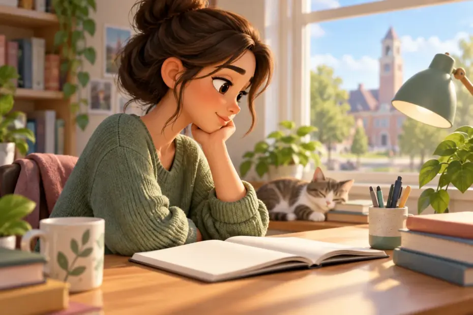 A student rests her chin on one hand while reading at a desk.