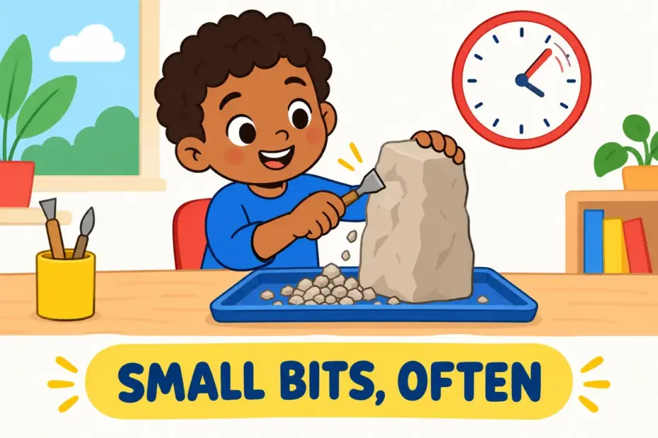 Cartoon child taps a chisel at a clay block while chips build up, showing chip away in a sentence as slow, steady reduction.