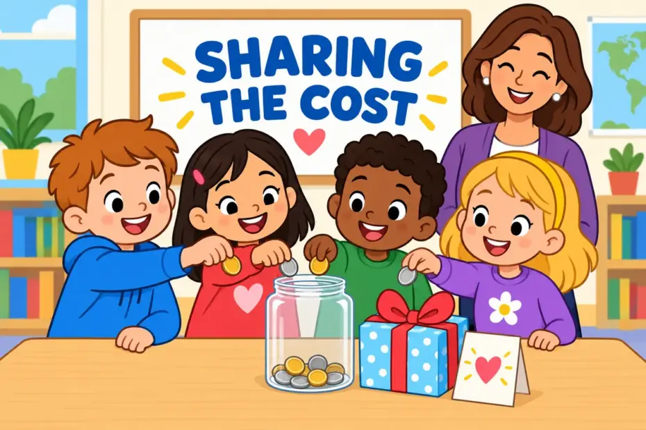 Cartoon children place coins into a shared jar for a class gift, showing chip in in a sentence as a group contribution.