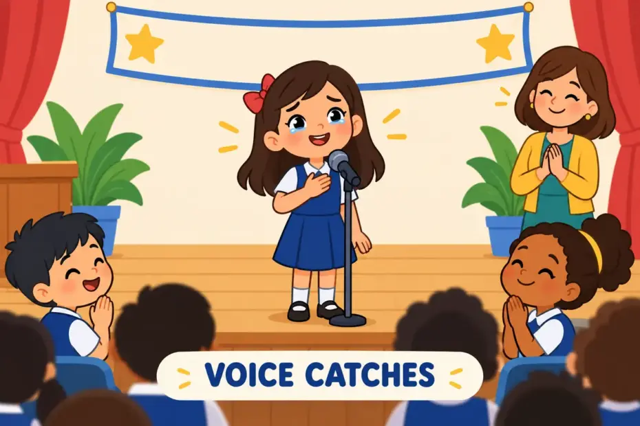 Cartoon children at a school assembly show choke up in a sentence as one child's voice catches with feeling.