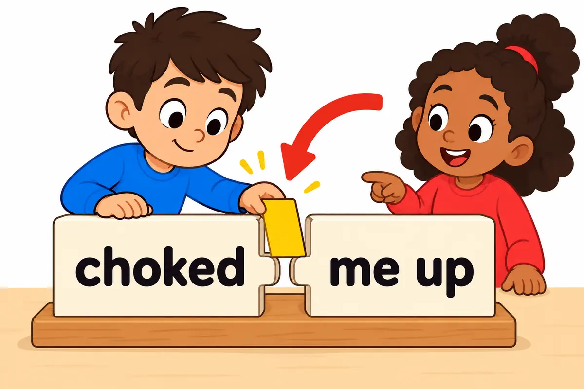 A cartoon slot board shows a pronoun card sliding between the words choke and up to illustrate separability.