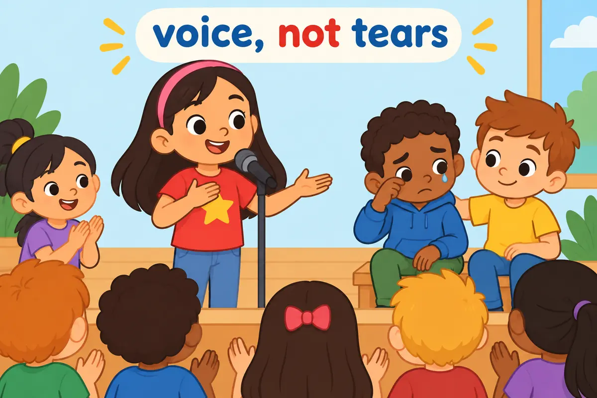 A single unified cartoon scene contrasts a child pausing at a microphone with a child wiping a tear from one eye.