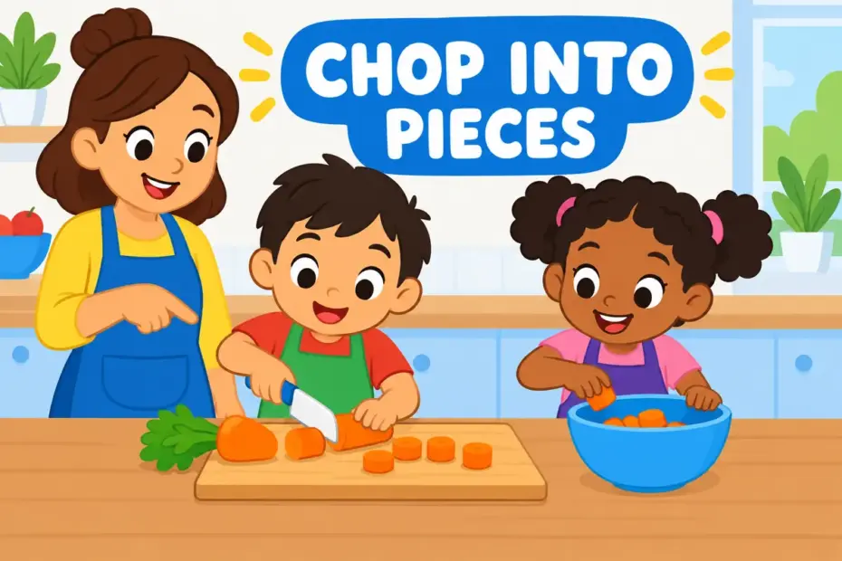 Cartoon children chop up vegetables on a board, showing chop up in a sentence as cutting food into small pieces.