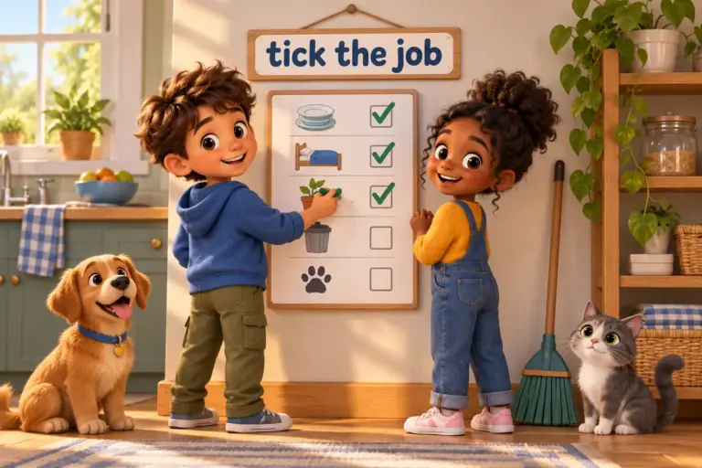 Cartoon children tick chores for kids with chart rows after finishing each household job.