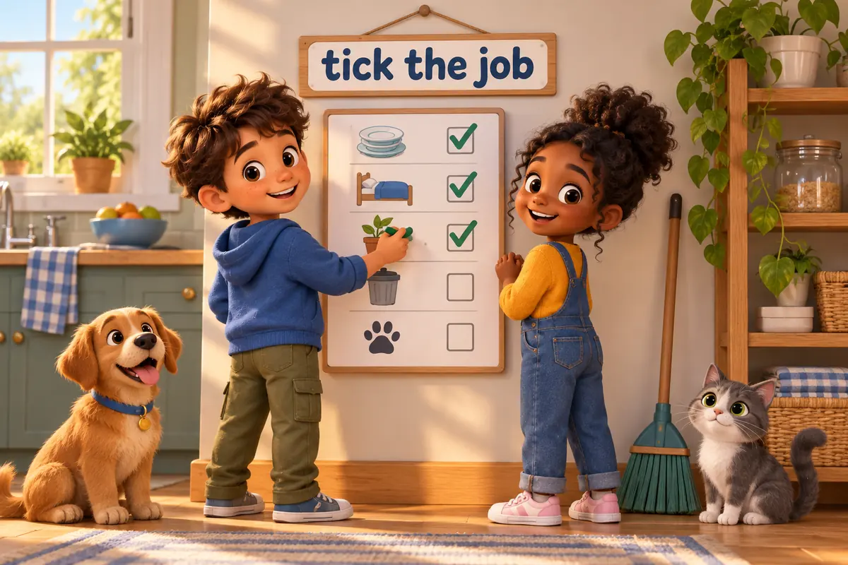 Cartoon children tick chores for kids with chart rows after finishing each household job.