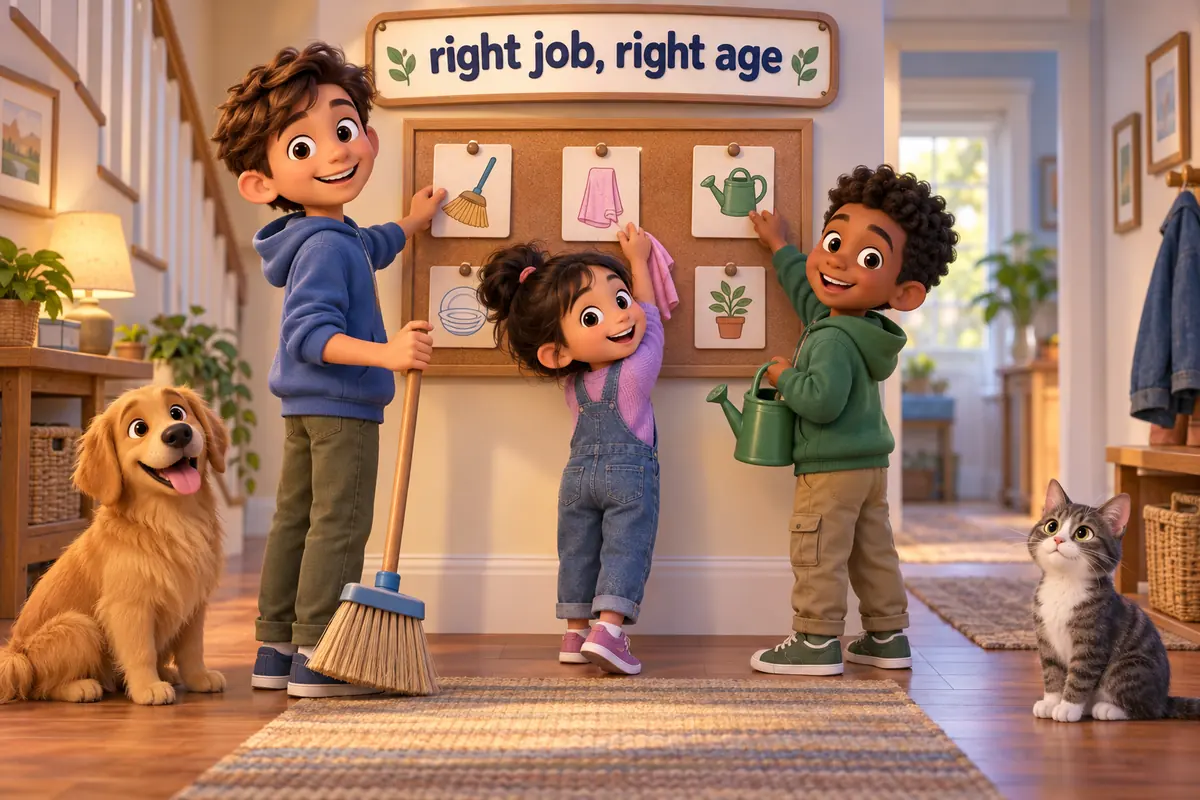 Cartoon children of different heights pick age-suitable chore cards from a board.