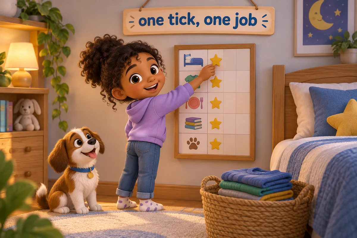 Cartoon children add star stickers to a chore chart row after a job is done.