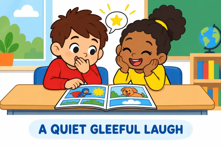 Cartoon children reading a comic, one giving a quiet chortle behind a hand, showing chortle in a sentence as a soft gleeful laugh.