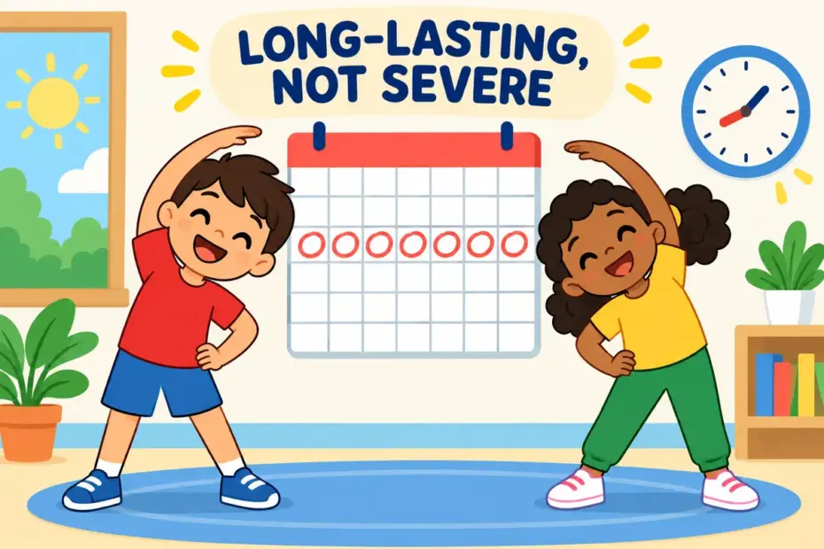 Cartoon pupils mark a long calendar of gentle daily stretches, showing chronic in a sentence as a lasting condition.
