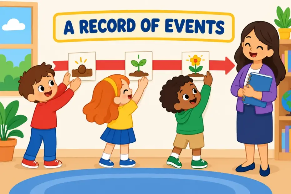 Cartoon children add dated pictures to a long wall timeline, showing chronicle in a sentence.
