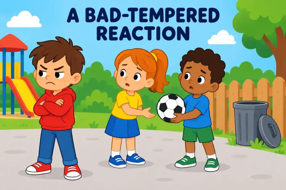 Cartoon children watch a classmate frown and turn away, showing churlish in a sentence as a bad-tempered, ungracious reaction.