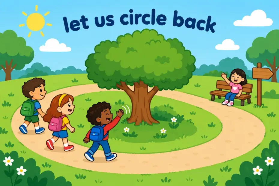 Cartoon children walk a looping path that leads back to a bench, showing circle back in a sentence as a later return.
