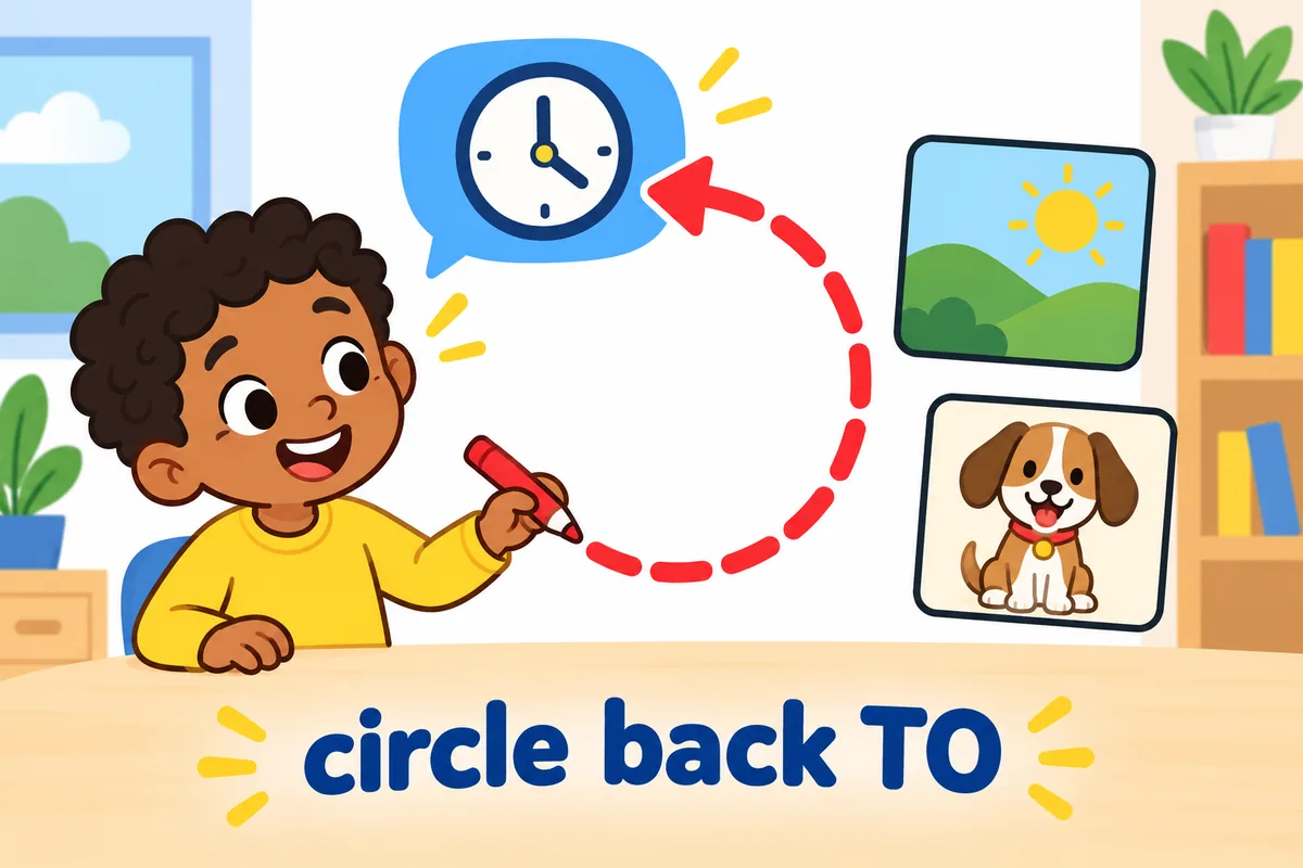 A child traces a circular arrow toward a speech bubble and clock, illustrating circle back to a topic.