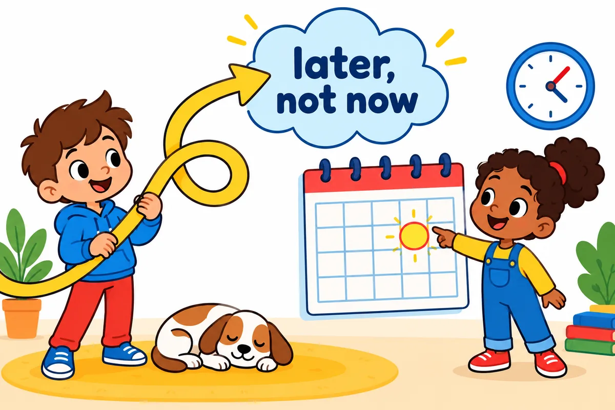 A single cartoon scene contrasts a vague cloud of arrows looping nearby with a calendar showing a circled day on the other.