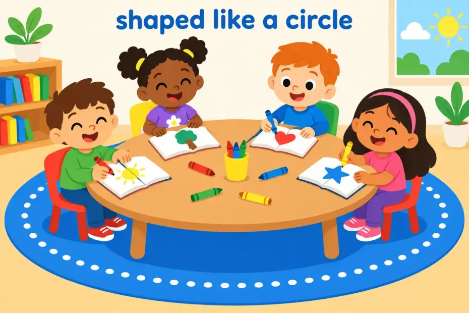 A cartoon group sits around a round table in a circular room, showing circular in a sentence as shaped like a circle.
