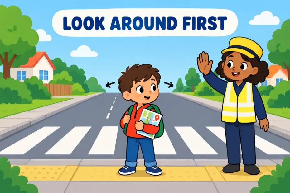 Cartoon child looks both ways at a crossing before walking, illustrating circumspect in a sentence as careful judgement.