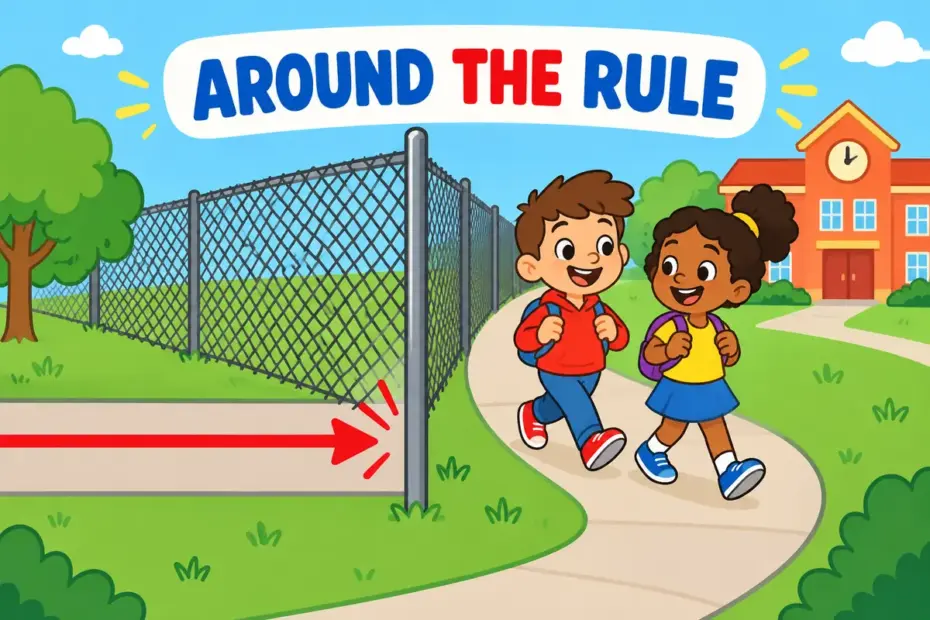 Cartoon children take a winding side path around a fence, showing circumvent in a sentence as a clever detour.