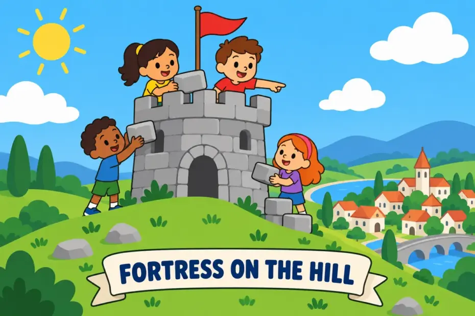 Cartoon children build a stone citadel on a hill above a small town, showing citadel in a sentence as a defensive stronghold.