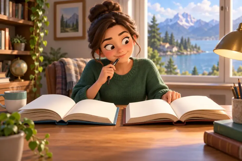 A writer compares two open reference books with blank pages.